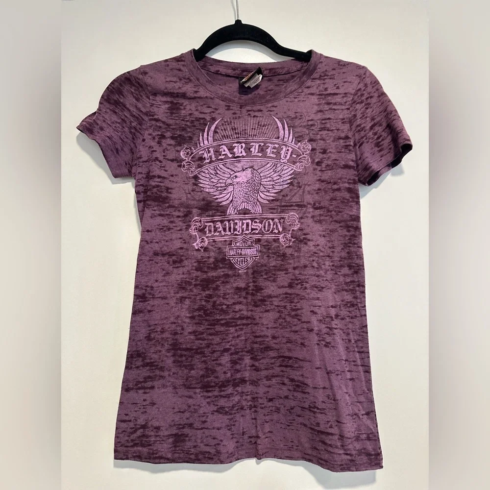 Women’s Harley Davidson Sz:S Heather Purple Lake Placid Babydoll Graphic Tee.